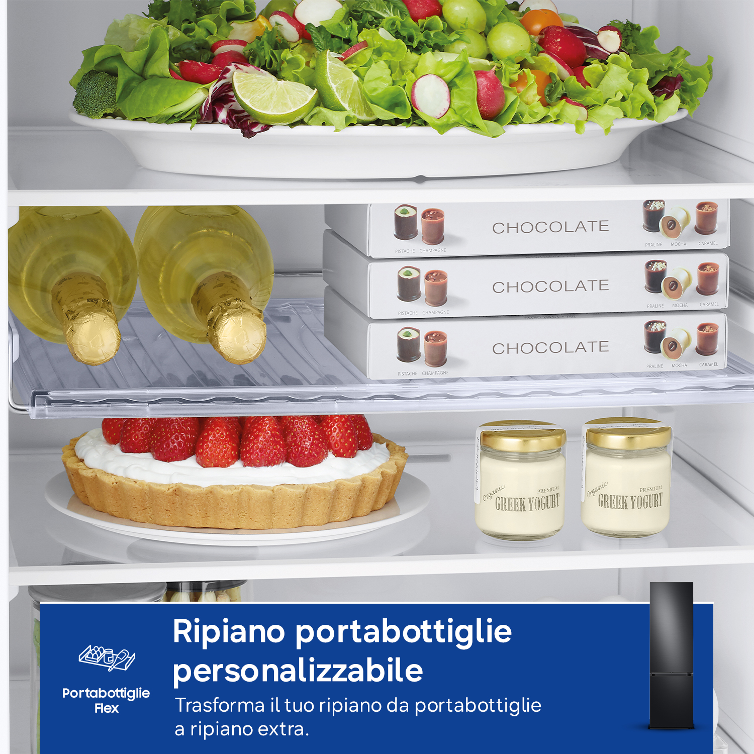 Interno di frigorifero con insalata, champagne, cioccolatini e yogurt.