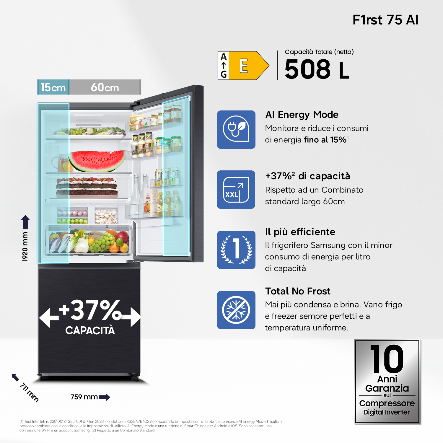 Frigorifero Samsung 508L, classe energetica E, AI Energy Mode, garanzia 10 anni.