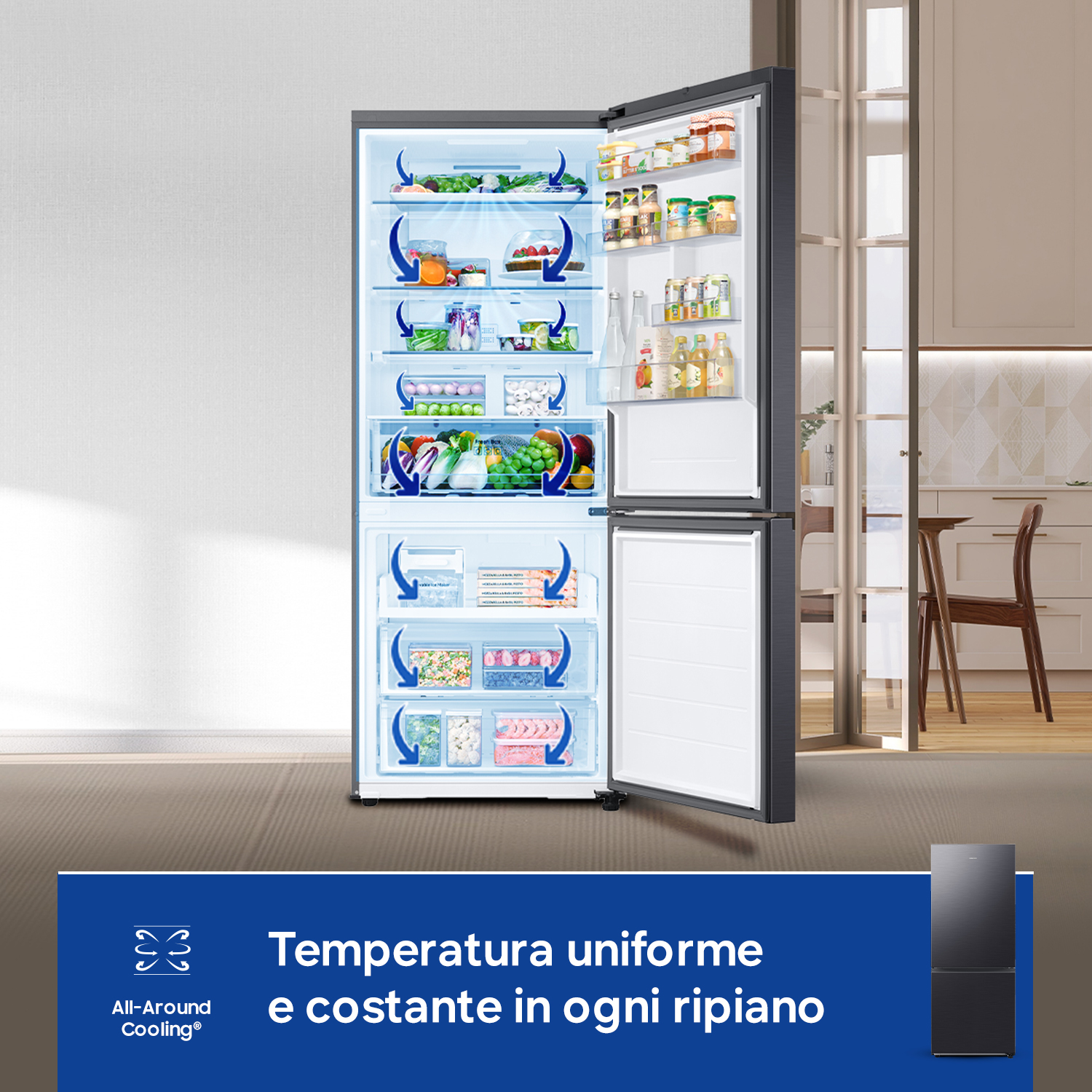 Frigorifero aperto con cibo, mostra flusso d'aria uniforme su ogni ripiano.