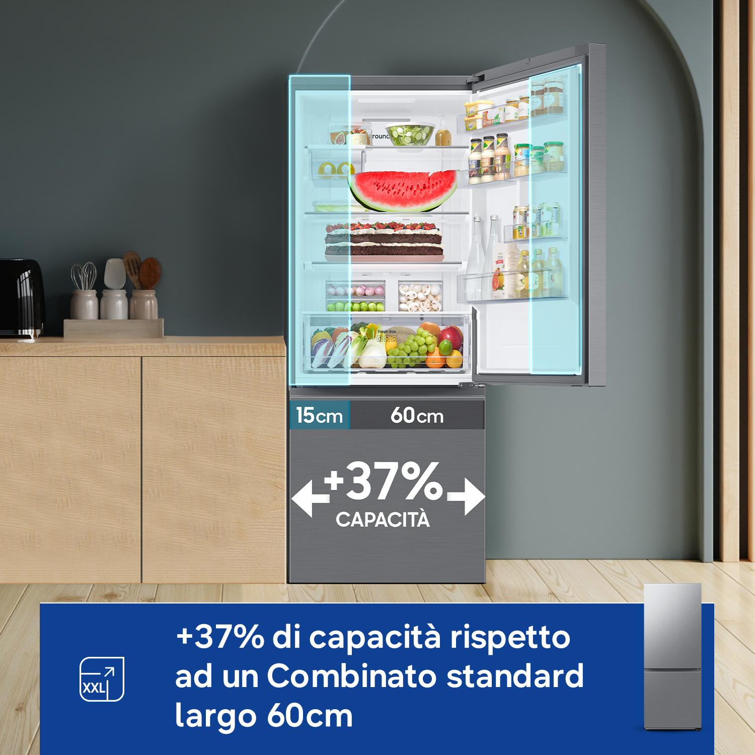 Frigorifero aperto con cibo, larghezza 60cm, capacità +37%.