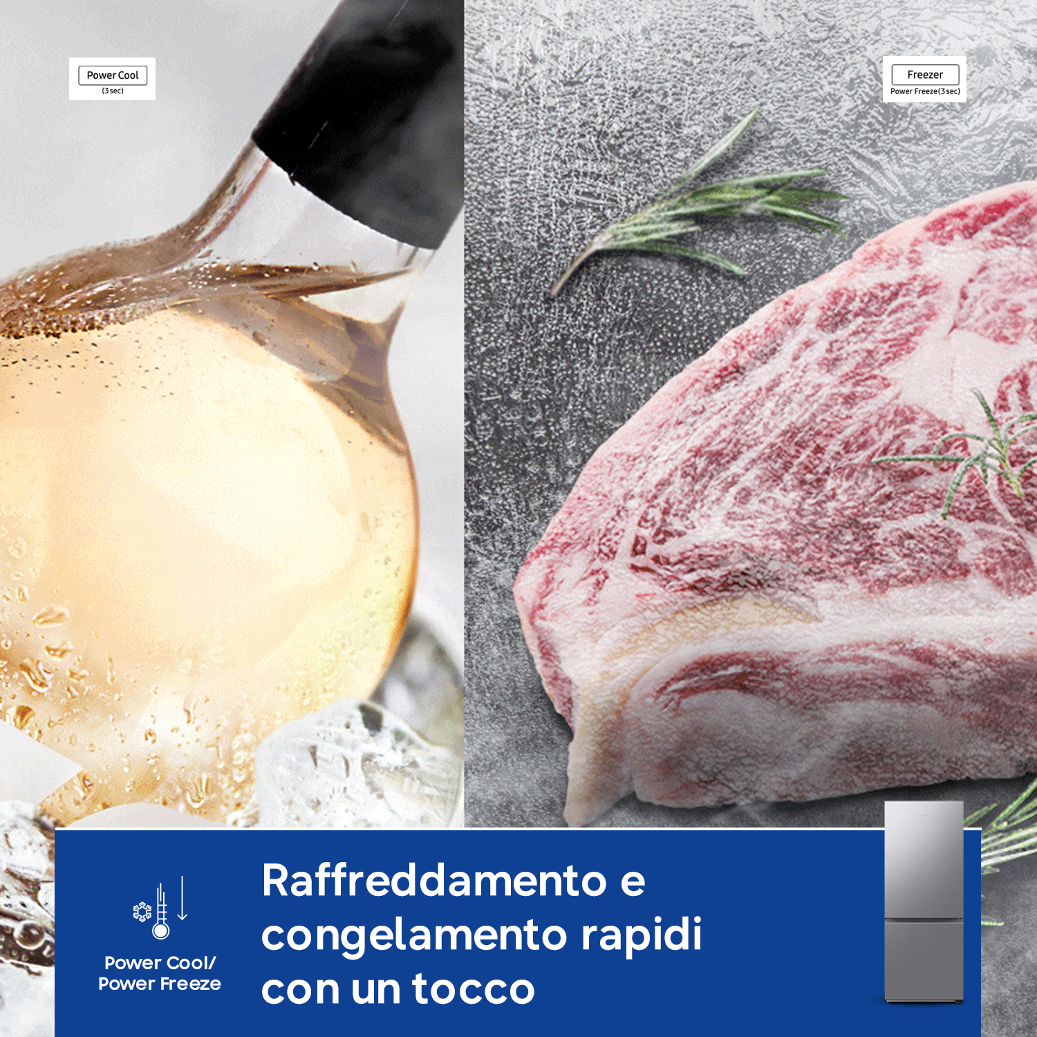 Bevanda e carne cruda con simboli del congelatore e testo.