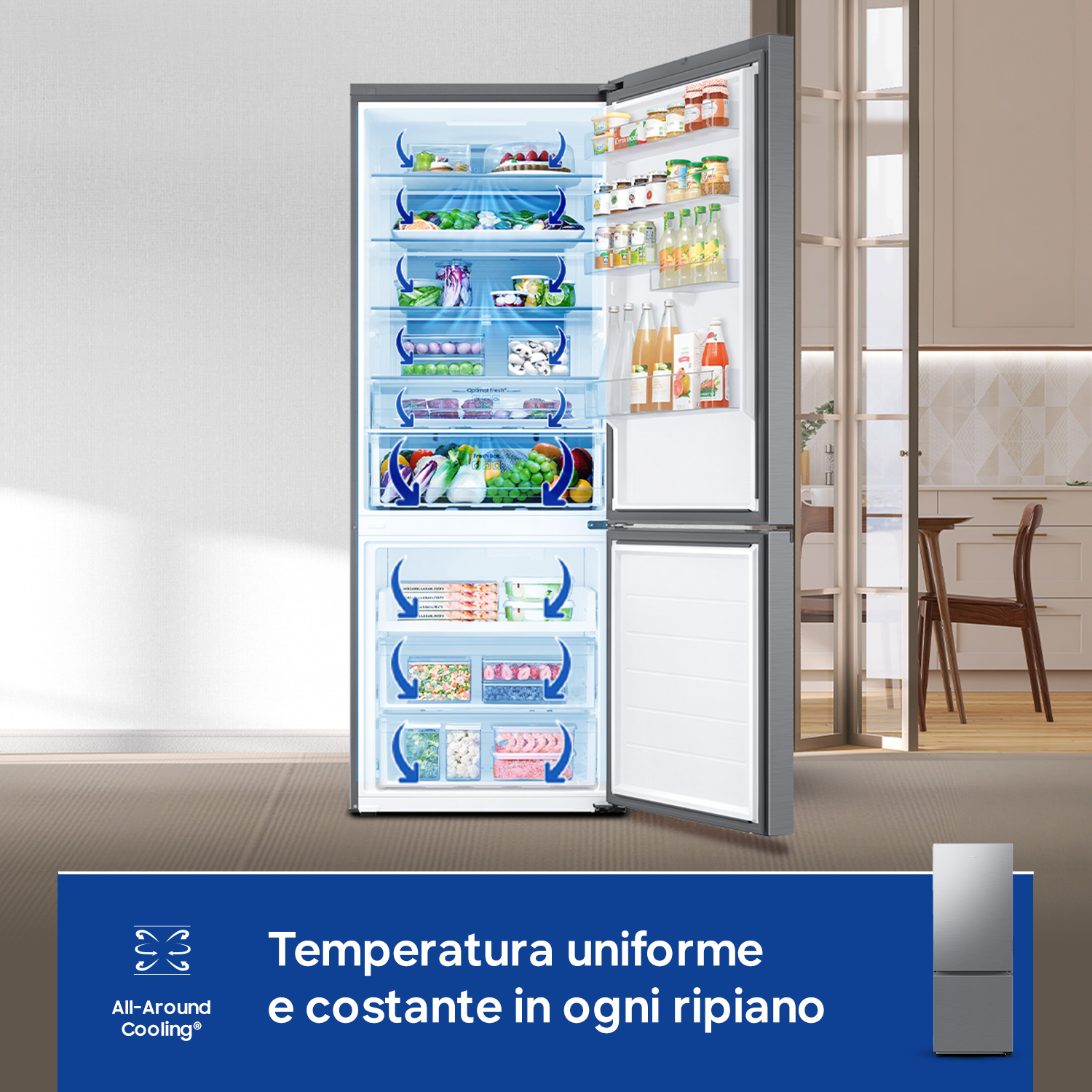 Frigorifero aperto con cibo e cassetti. Raffreddamento per ogni ripiano.