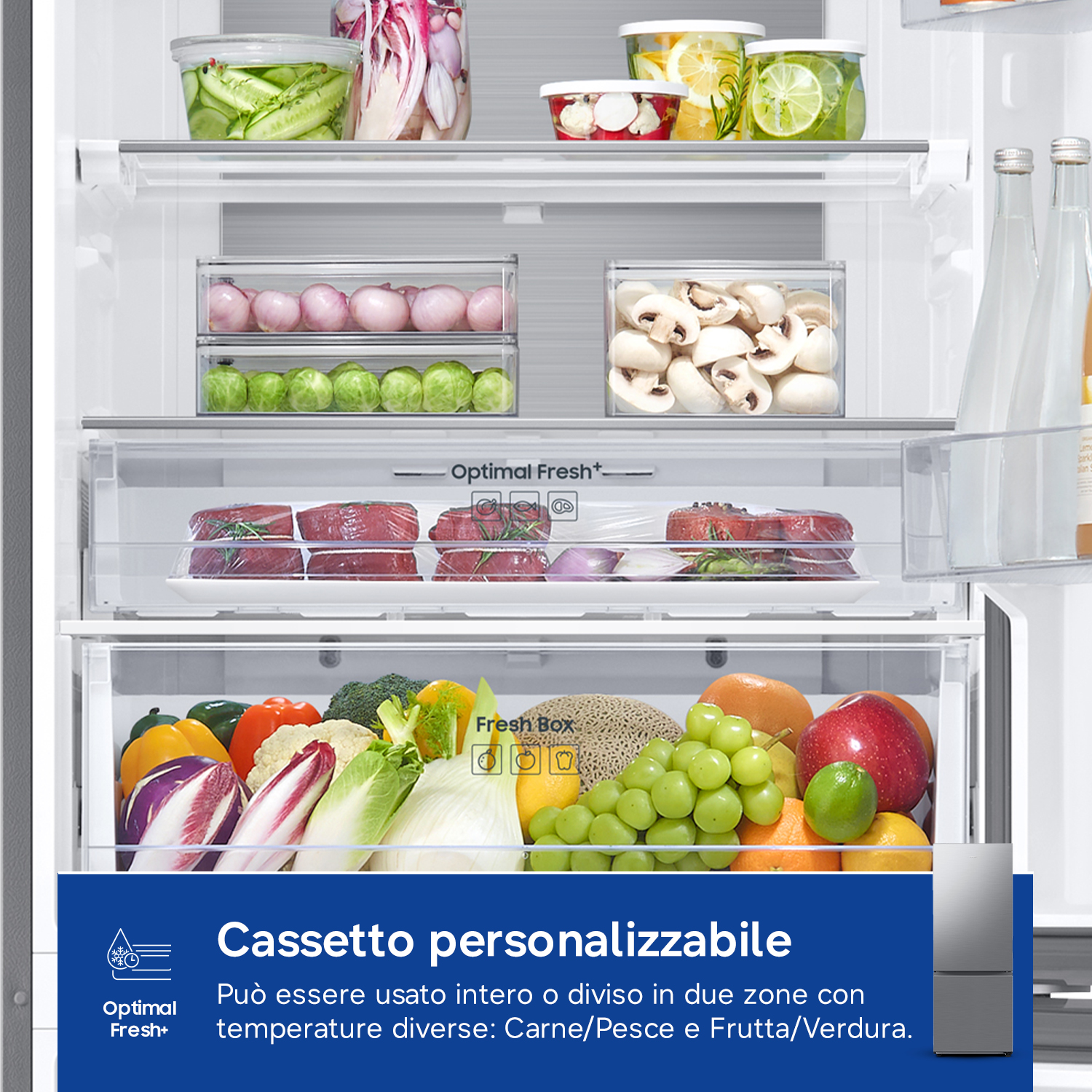 Cassetti del frigorifero con frutta, verdura, carne e funghi.