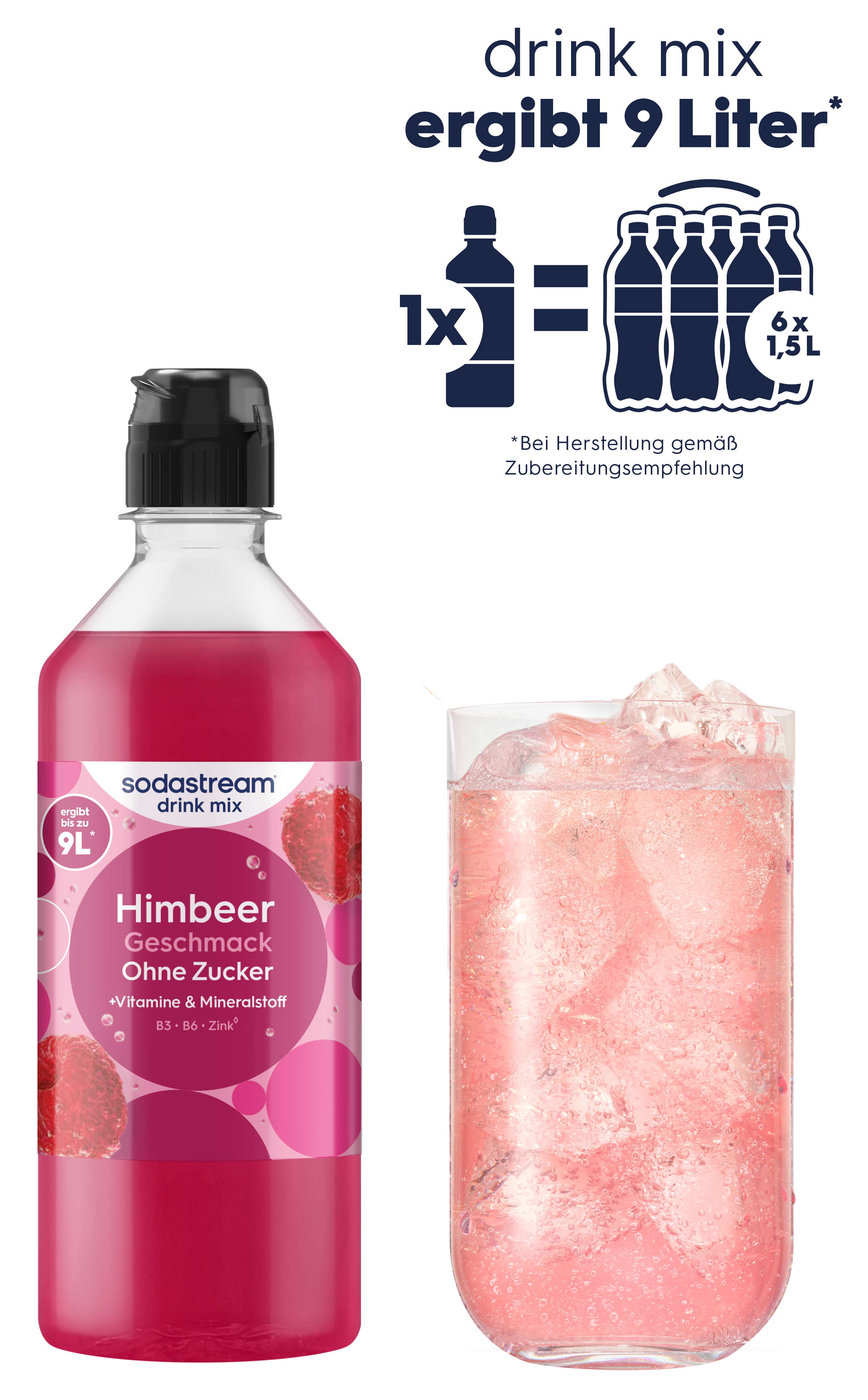 Eine Flasche Himbeer-Sirup neben einem Glas mit Himbeergetränk und Eiswürfeln.