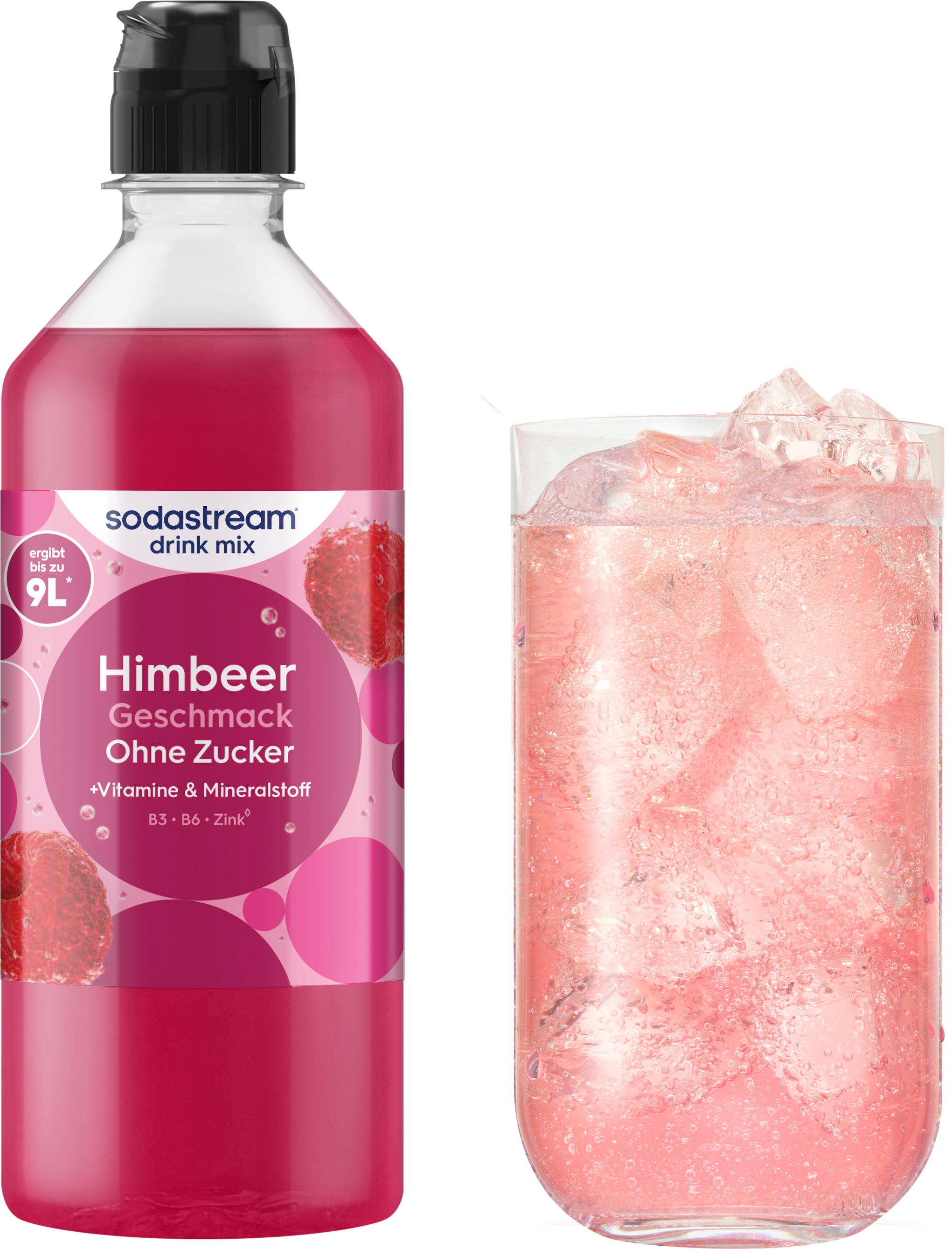 Sodastream Himbeergetränk: Flasche mit rosa Sirup und ein Glas mit Eiswürfeln.
