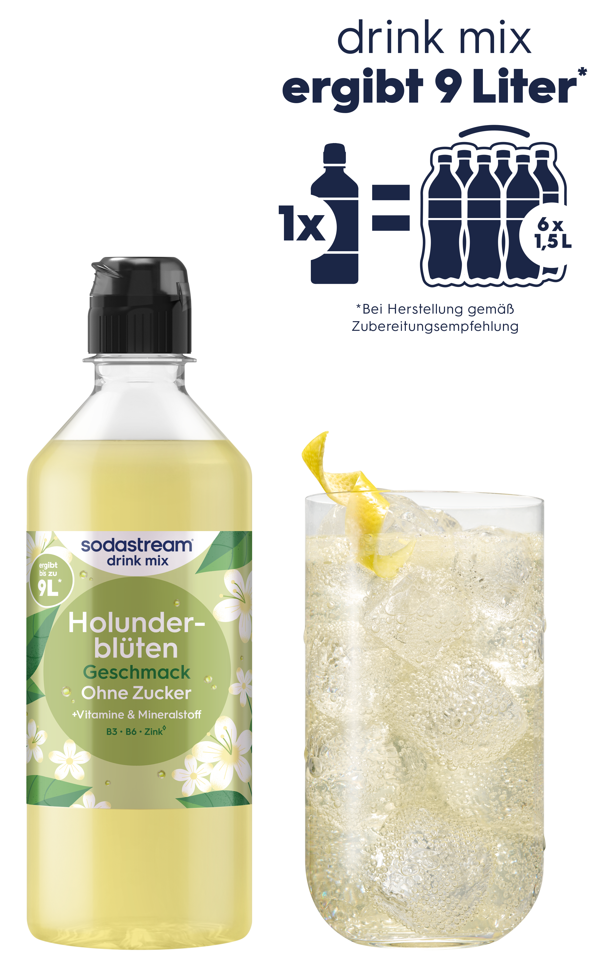 Eine Flasche Sirup und ein Glas mit Eiswürfeln und Zitrone.