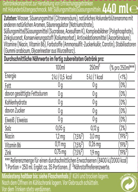 Nährwertangaben für ein Getränkekonzentrat mit Holunderblütengeschmack, 440 ml.