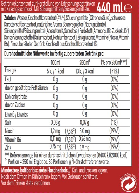 Nährwertangaben für ein Kirschgetränk: 440 ml. Zutaten, Nährwerte pro 100ml/250ml.
