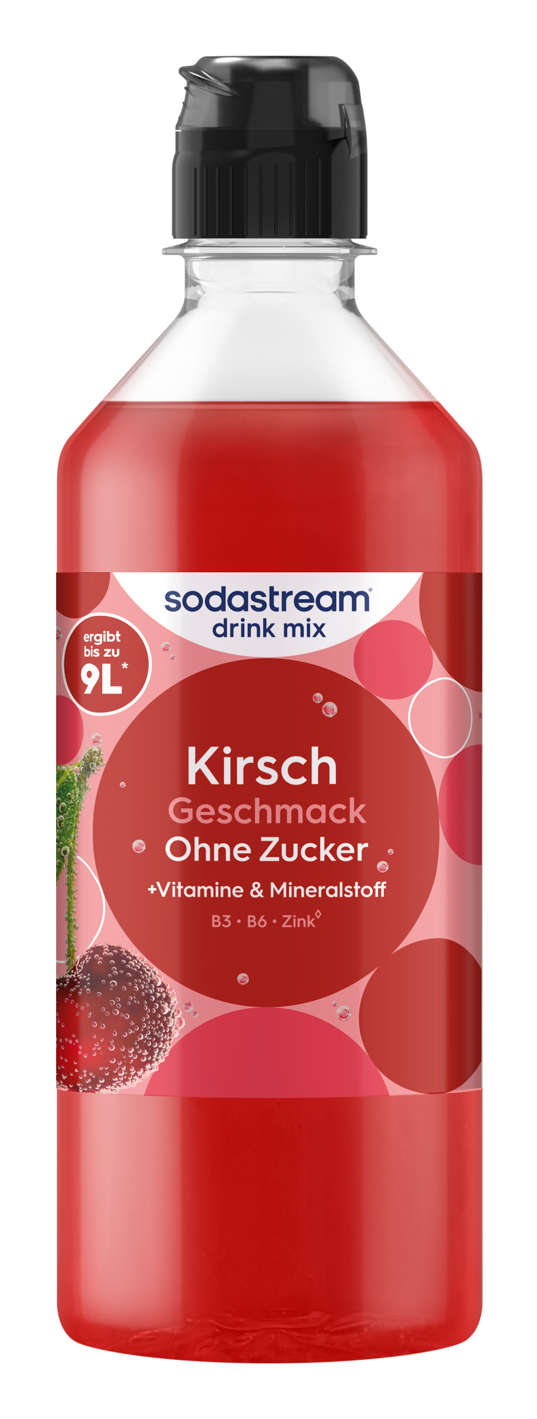 Eine Flasche Sodastream Kirschgeschmack Drink Mix, zuckerfrei, mit Vitaminen und Mineralstoffen.