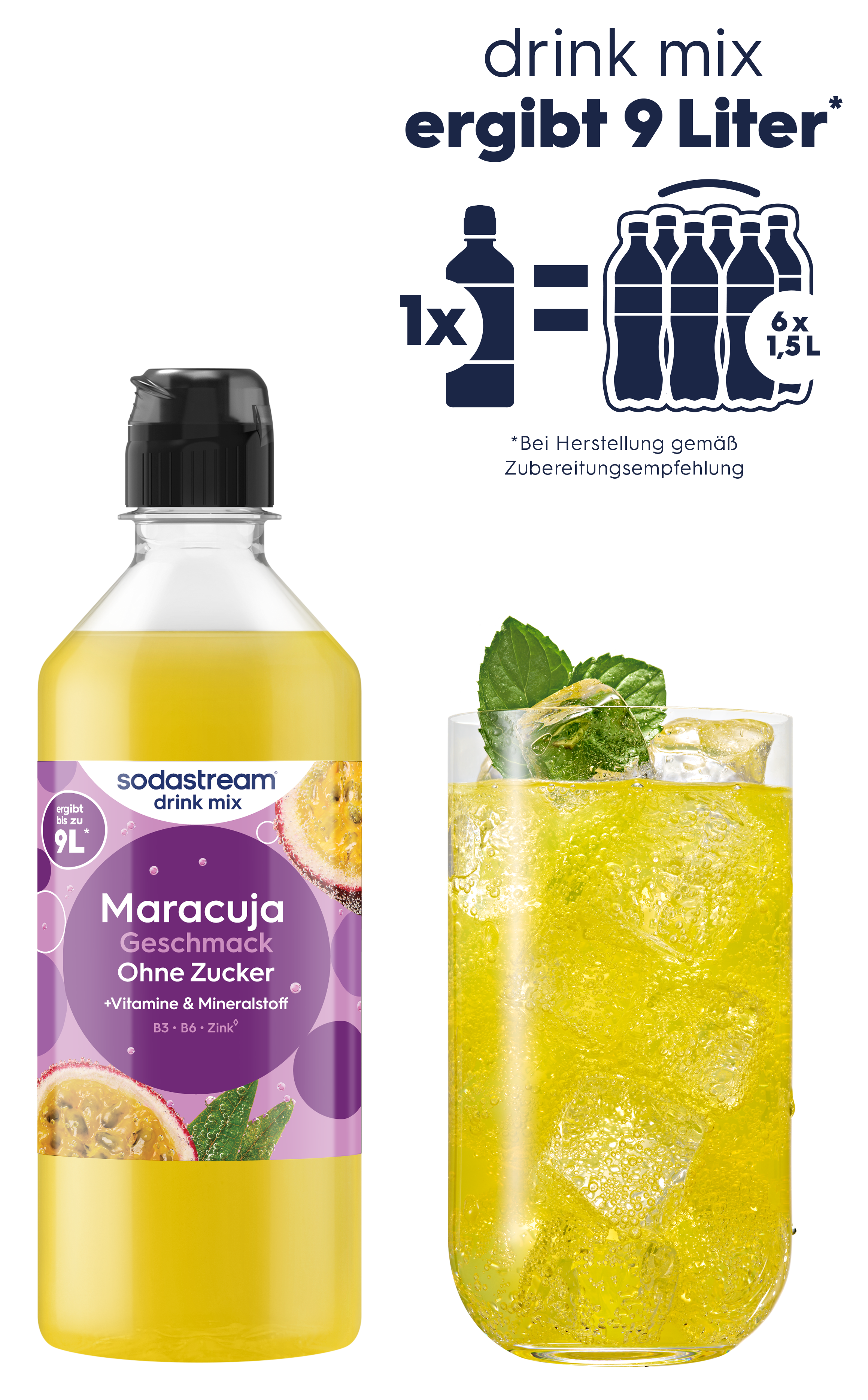 Eine Flasche Sodastream Maracuja Drink Mix neben einem Glas mit gelbem Getränk und Eis.
