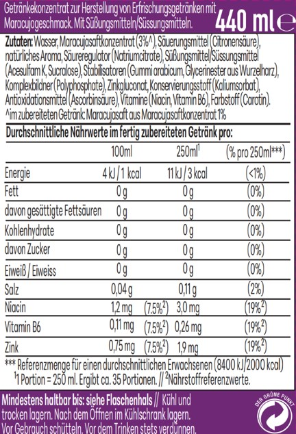 Nährwertangaben für 440ml Maracuja-Getränkekonzentrat mit Süßungsmitteln.