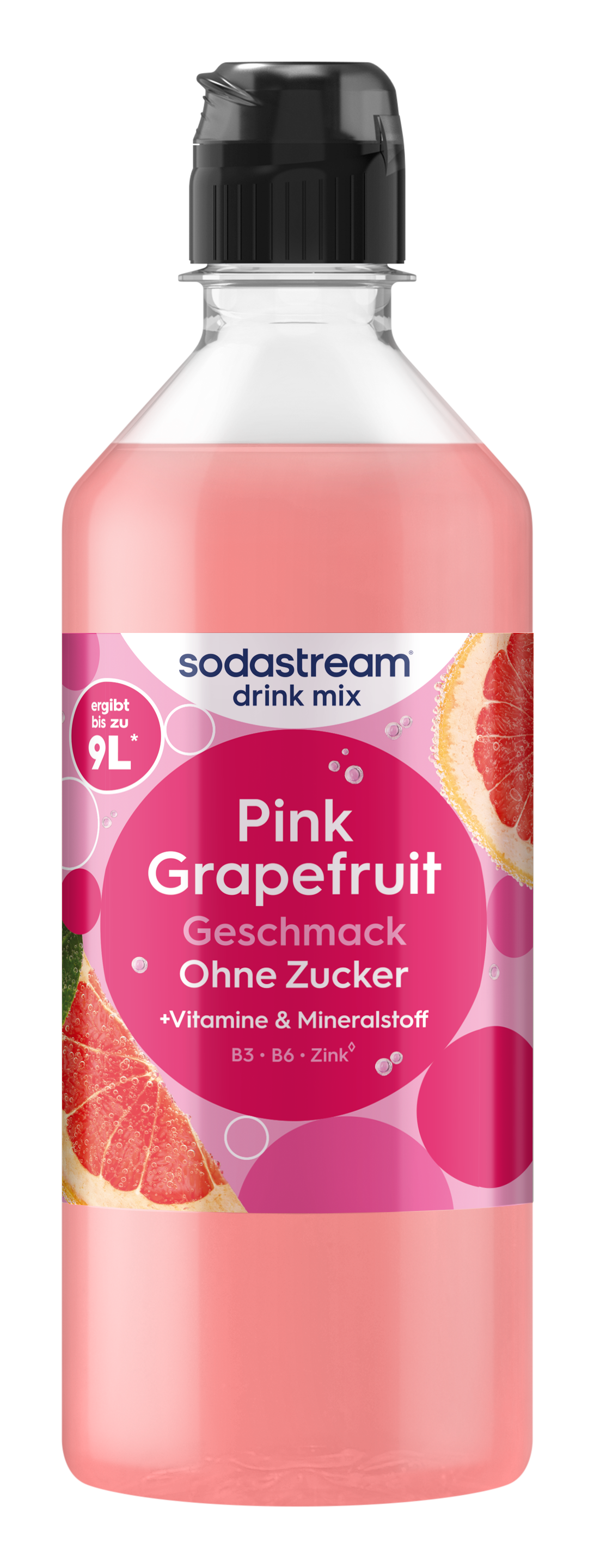 Eine Flasche Sodastream Pink Grapefruit Sirup, zuckerfrei, mit Vitaminen.