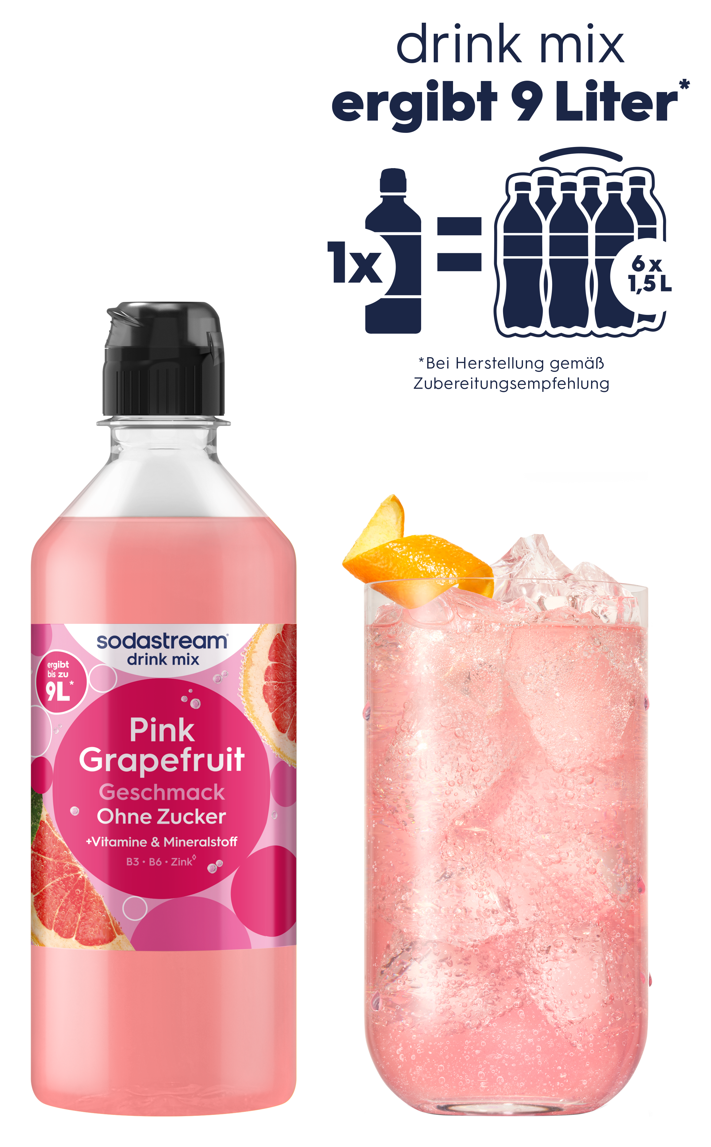Eine Flasche Sodastream Pink Grapefruit Drink Mix neben einem Glas mit pinkfarbenem Getränk.