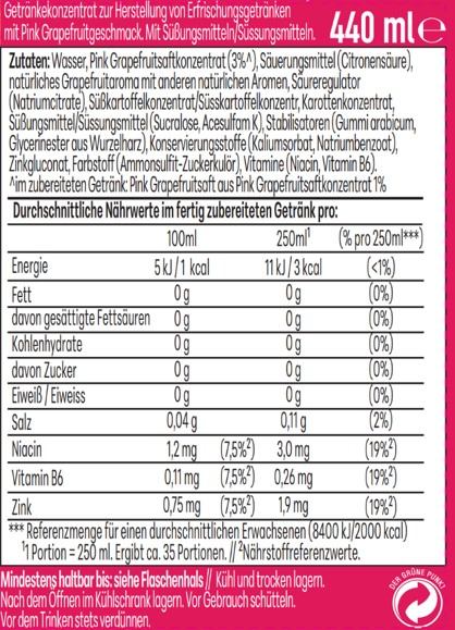 Nährwertangaben für ein Getränkekonzentrat mit Pink Grapefruitgeschmack.