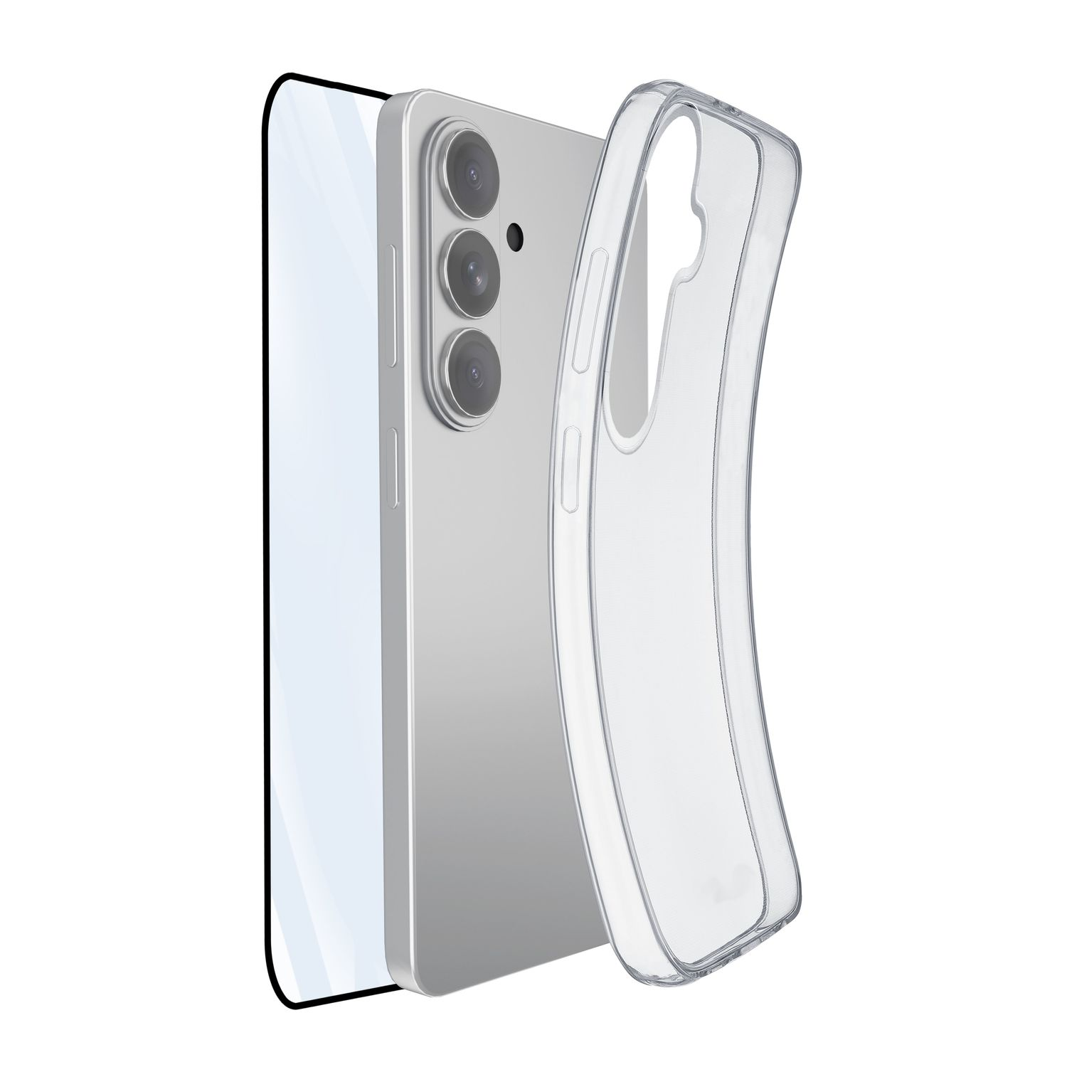 Ein silbernes Smartphone mit drei Kameras neben einer durchsichtigen Schutzhülle.