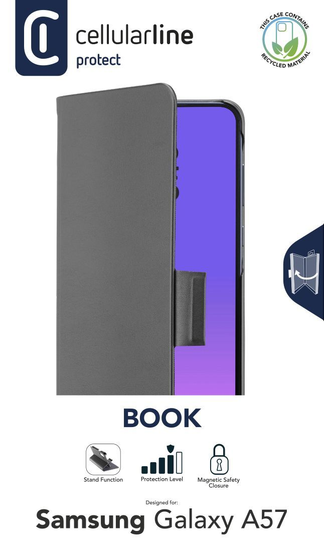 Graues Buch-Handyhülle für Samsung Galaxy A57 mit Logo.