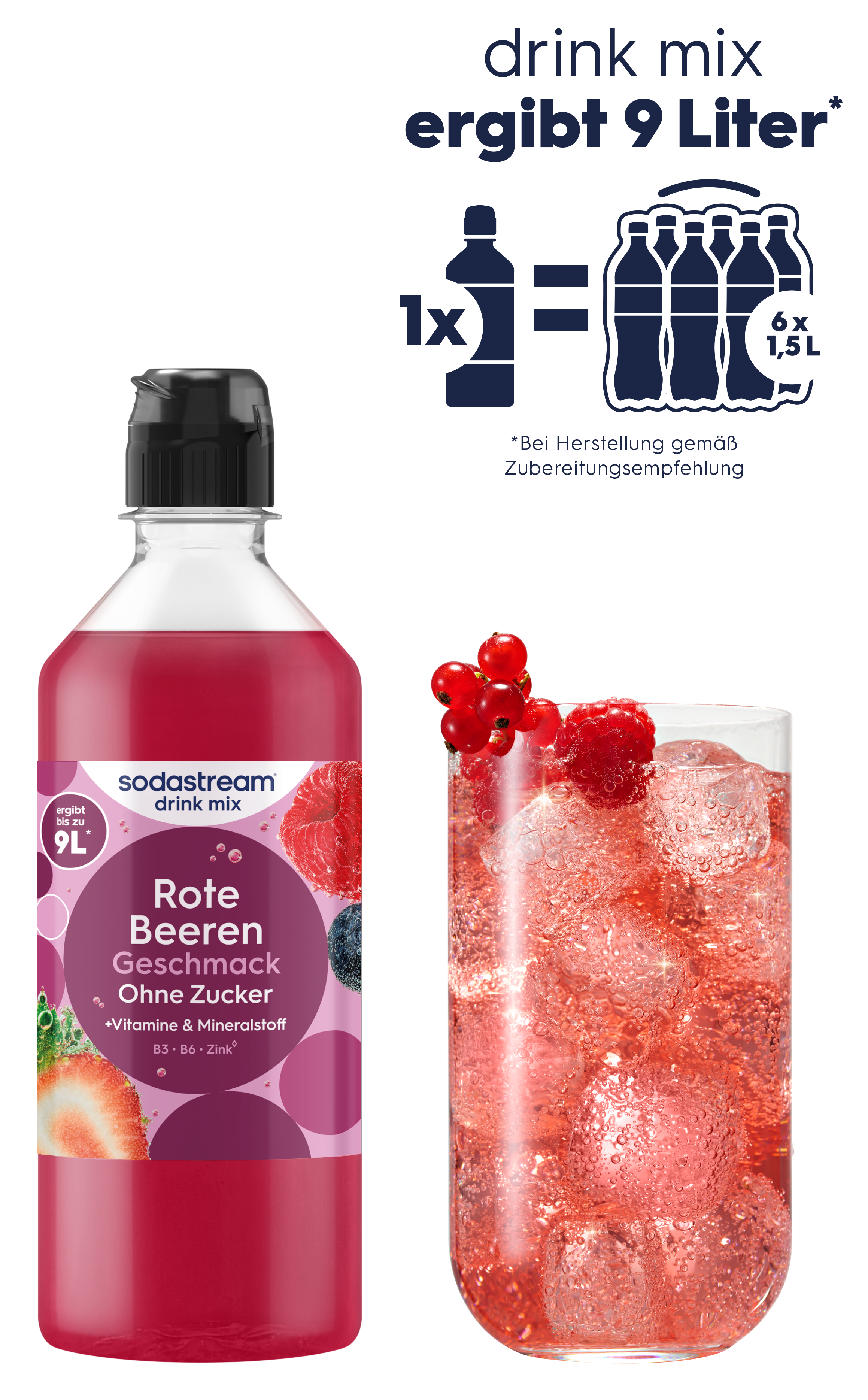 Eine Flasche roter Beerengeschmack Drink Mix und ein Glas mit Eis und Beeren.