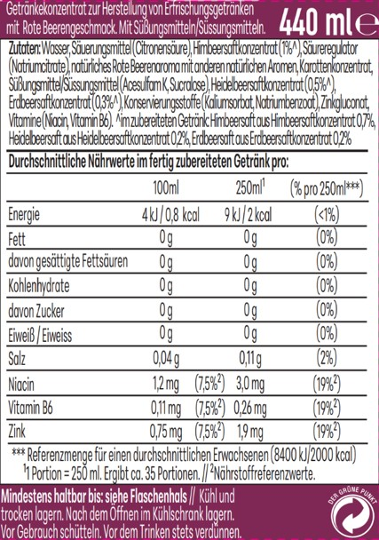 Flasche mit Nährwertangaben und Zutatenliste für ein Getränkekonzentrat.