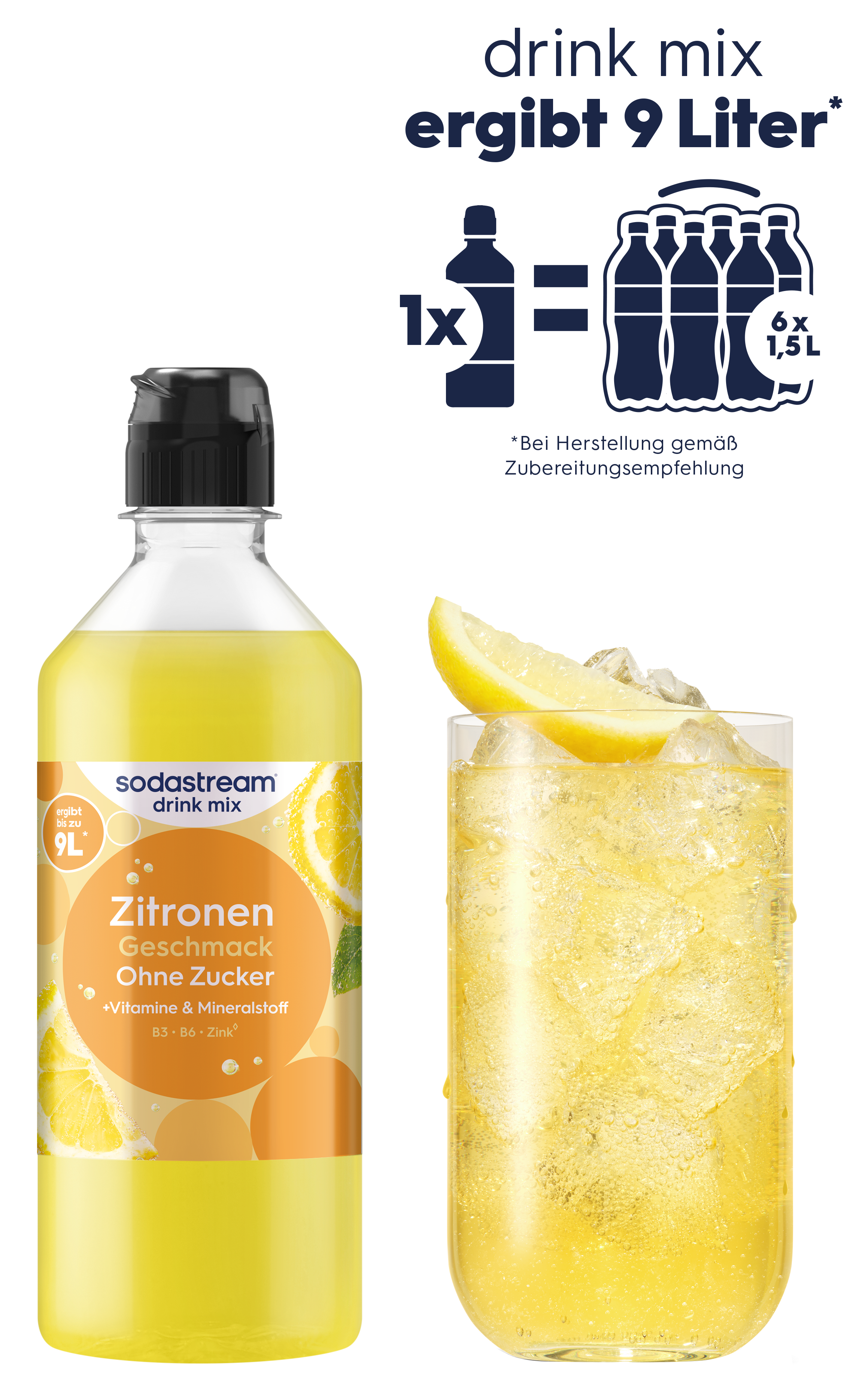SodaStream Zitronen Drink Mix Flasche und ein Glas mit Eis, Zitrone und Getränk.