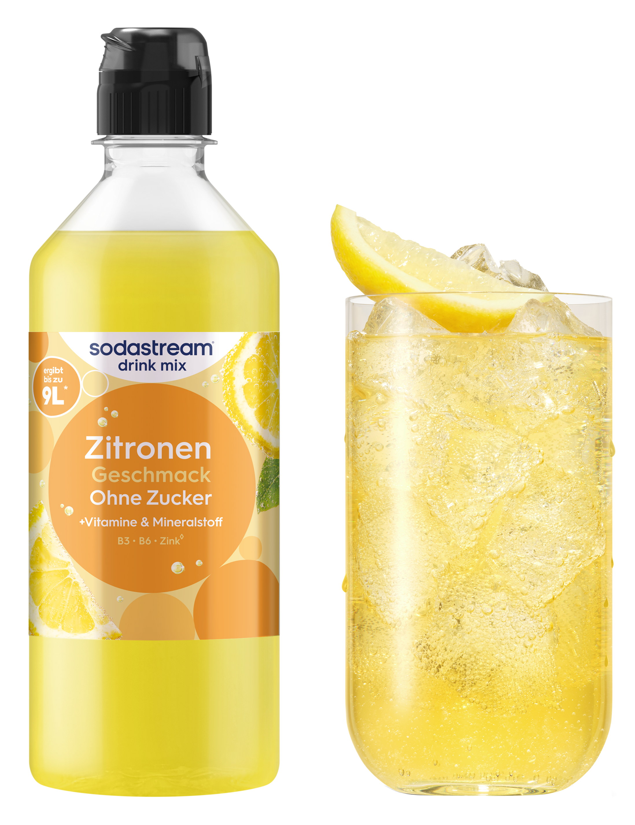 Ein Sodastream Zitronen Drink Mix Flasche und ein Glas mit erfrischendem Getränk.