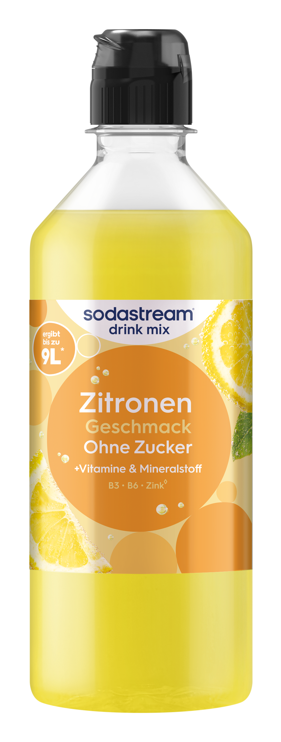 Eine Flasche Sodastream Zitronen Drink Mix ohne Zucker, mit Vitaminen und Mineralstoffen.