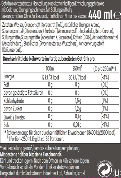 Getränkekonzentrat mit Nährwertangaben und Zutatenliste auf Deutsch.