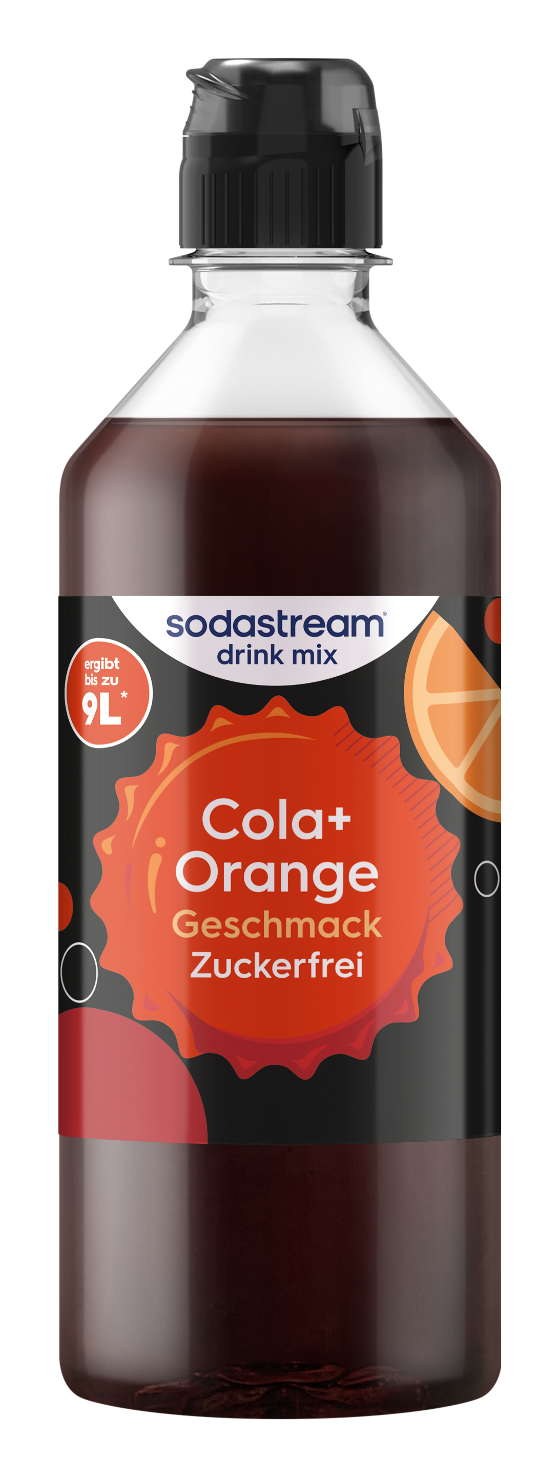 SodaStream Cola Orange zuckerfrei Sirup Flasche mit schwarzem Deckel.