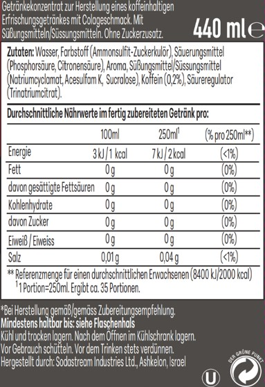 Nährwertangaben für ein koffeinhaltiges Getränkekonzentrat mit Cola-Geschmack.