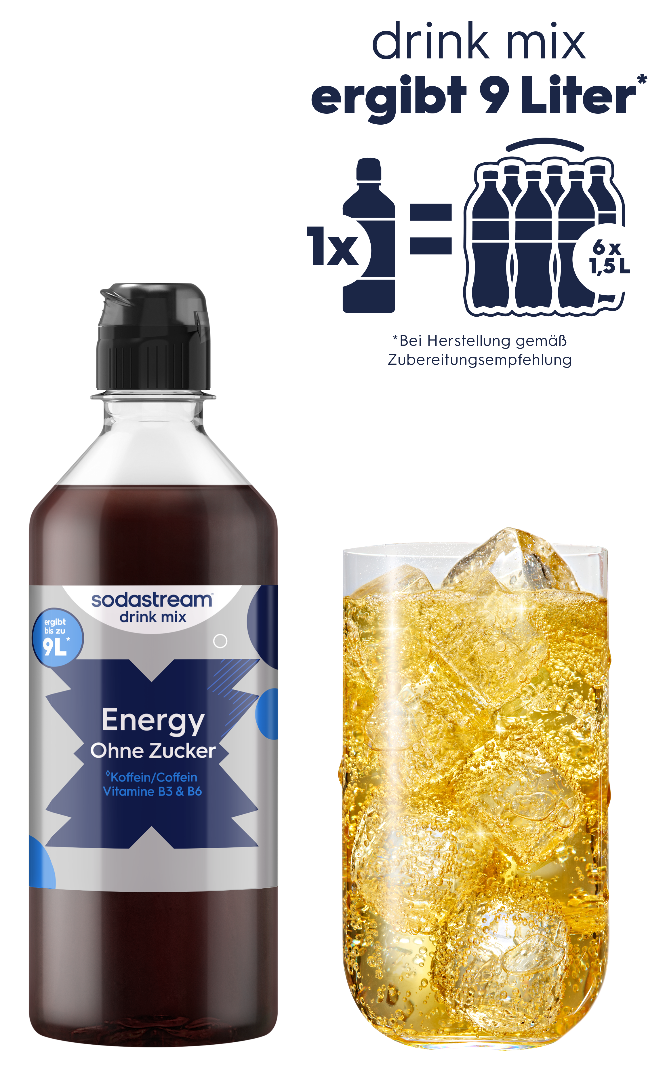 Ein Sodastream Energy Drink Mix ohne Zucker neben einem Glas mit Eiswürfeln.