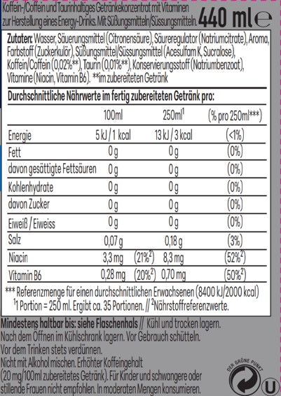Nährwerttabelle für ein Energy-Drink-Konzentrat in einer 440ml Flasche.