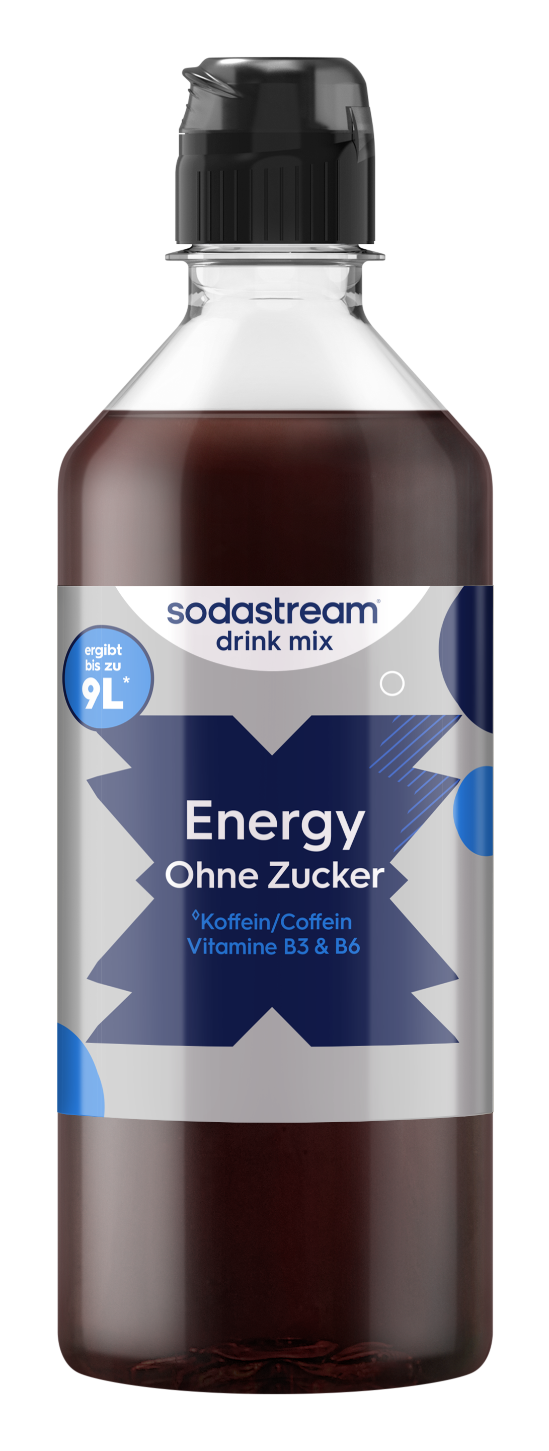 Eine Flasche Sodastream Energy Drink Mix ohne Zucker mit Koffein und Vitaminen.