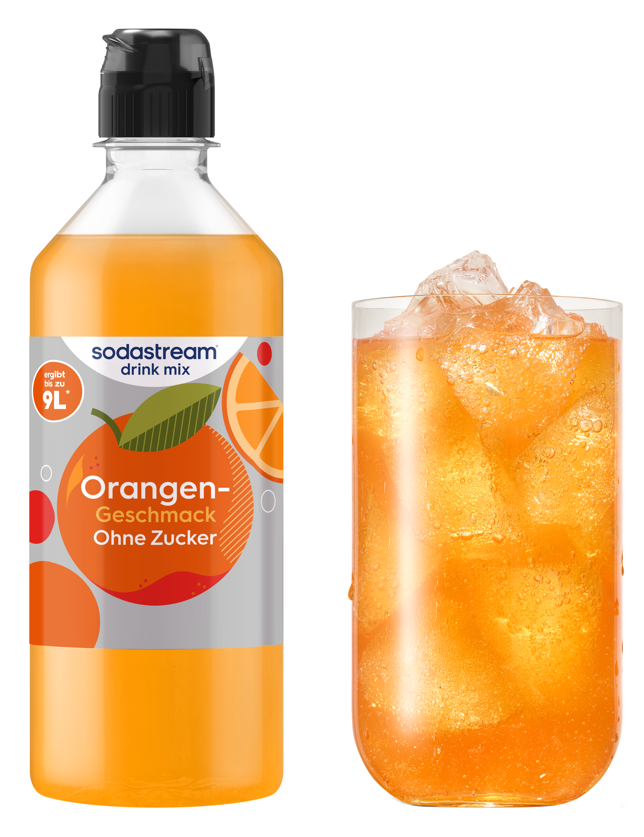 Eine Flasche Sodastream Orangengeschmack ohne Zucker und ein Glas mit orangefarbenem Getränk und Eis.