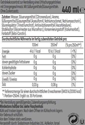 Nährwertangaben für ein Getränkekonzentrat mit Orangengeschmack.