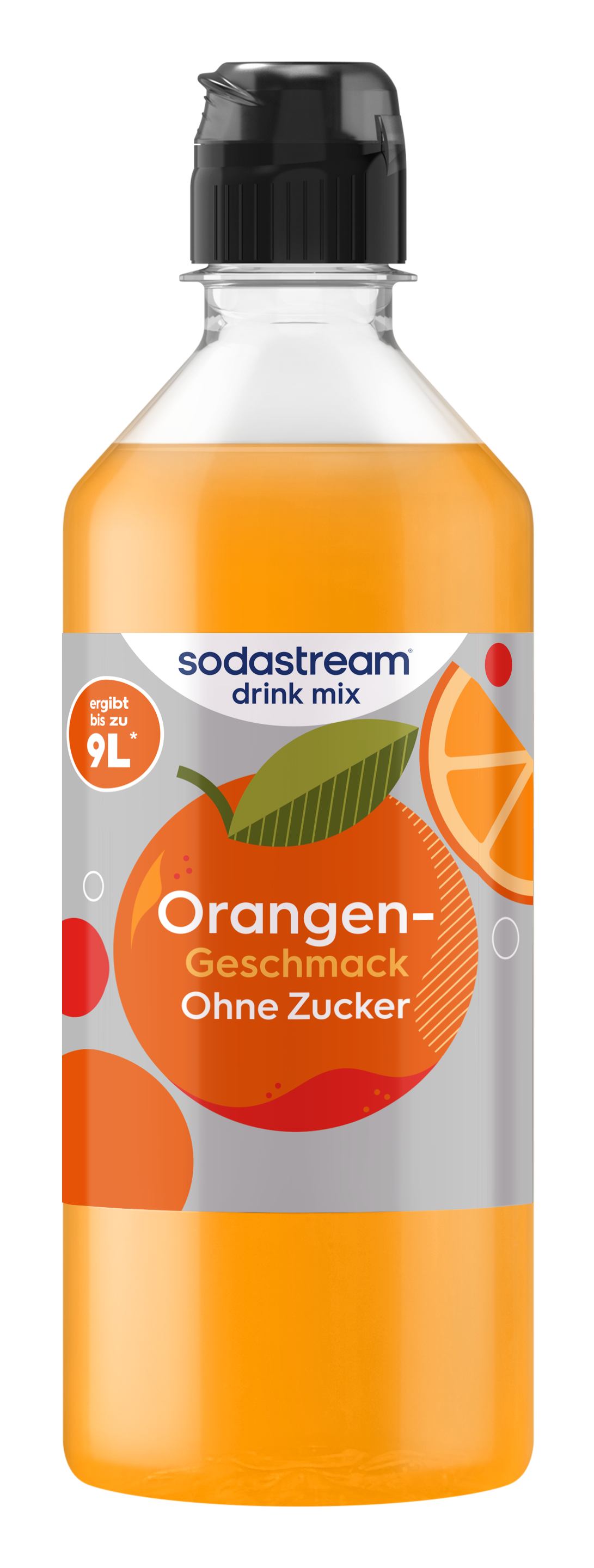 Eine Sodastream Flasche mit Orangen-Geschmack Sirup ohne Zucker.