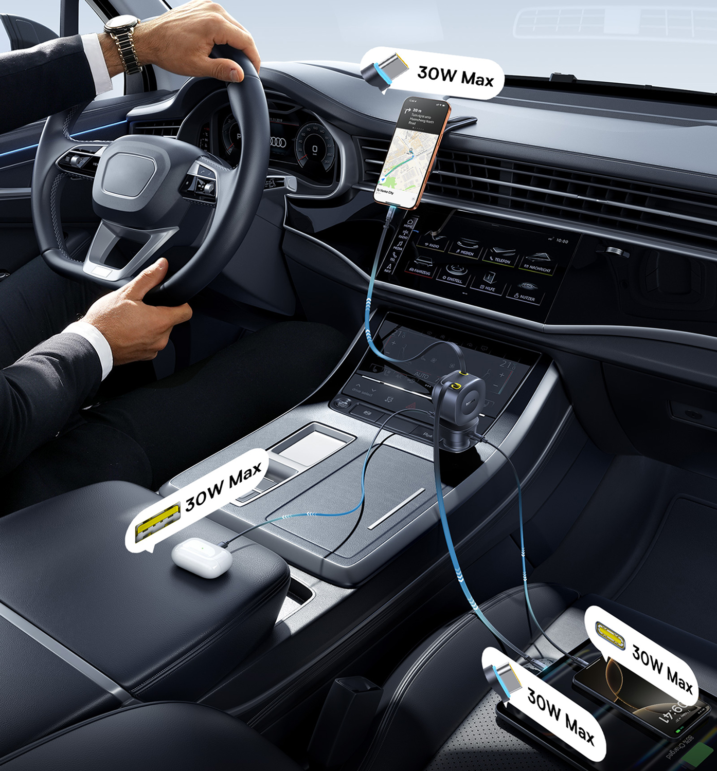 Hombre conduce coche, carga móvil, auriculares y segundo móvil. 30W Max.