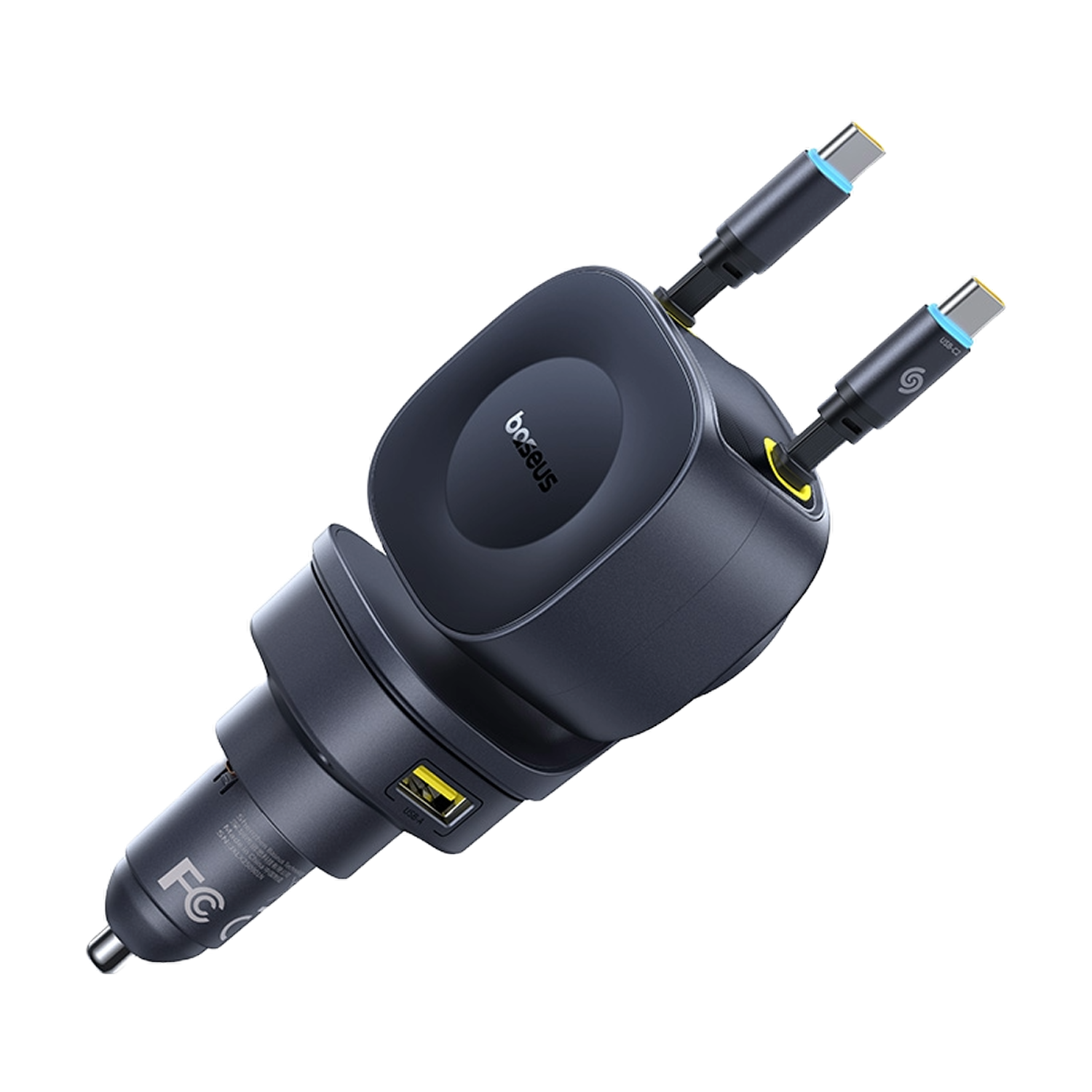 Un adaptador de cargador de coche oscuro con dos cables USB-C y un puerto USB-A.