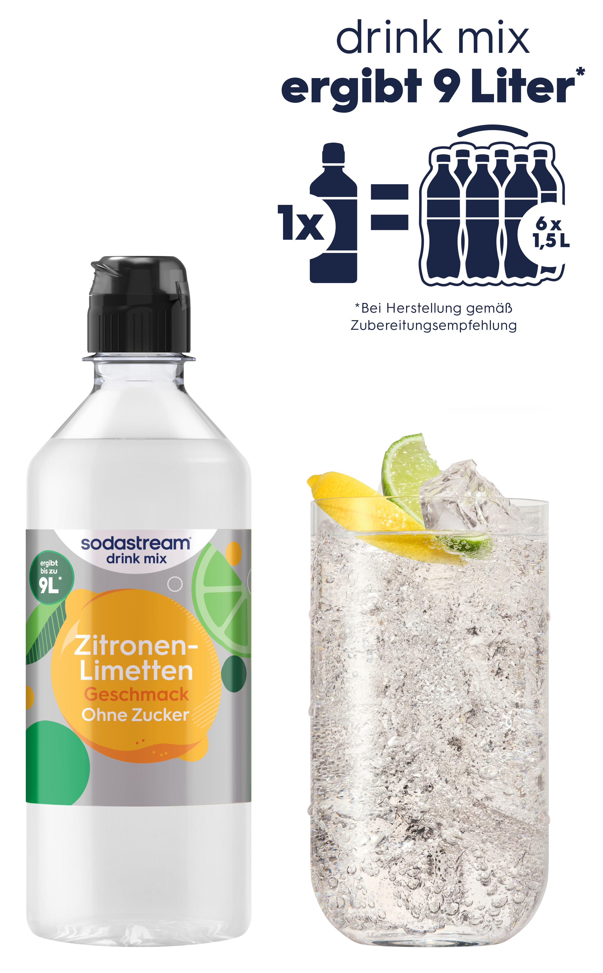 Ein Sodastream Sirup für Zitronen-Limetten-Geschmack und ein Glas Sprudelwasser mit Zitrone und Limette.