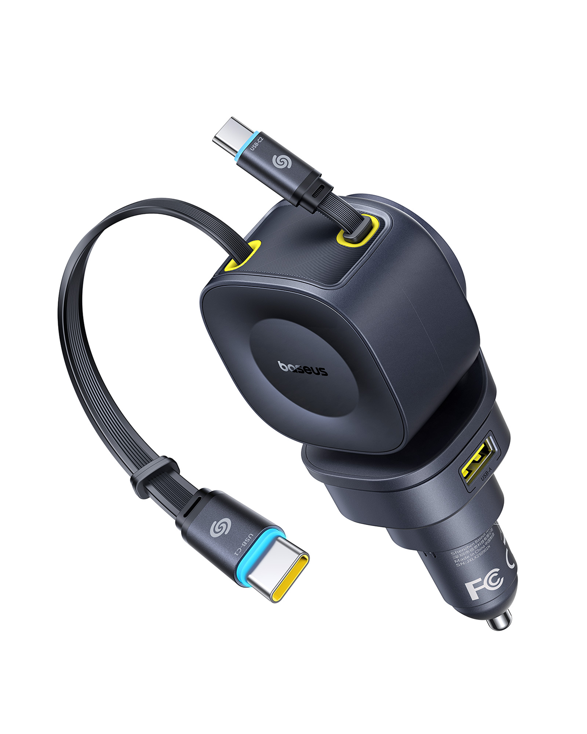 Un cargador de coche Baseus negro con dos cables USB-C y un puerto USB-A.