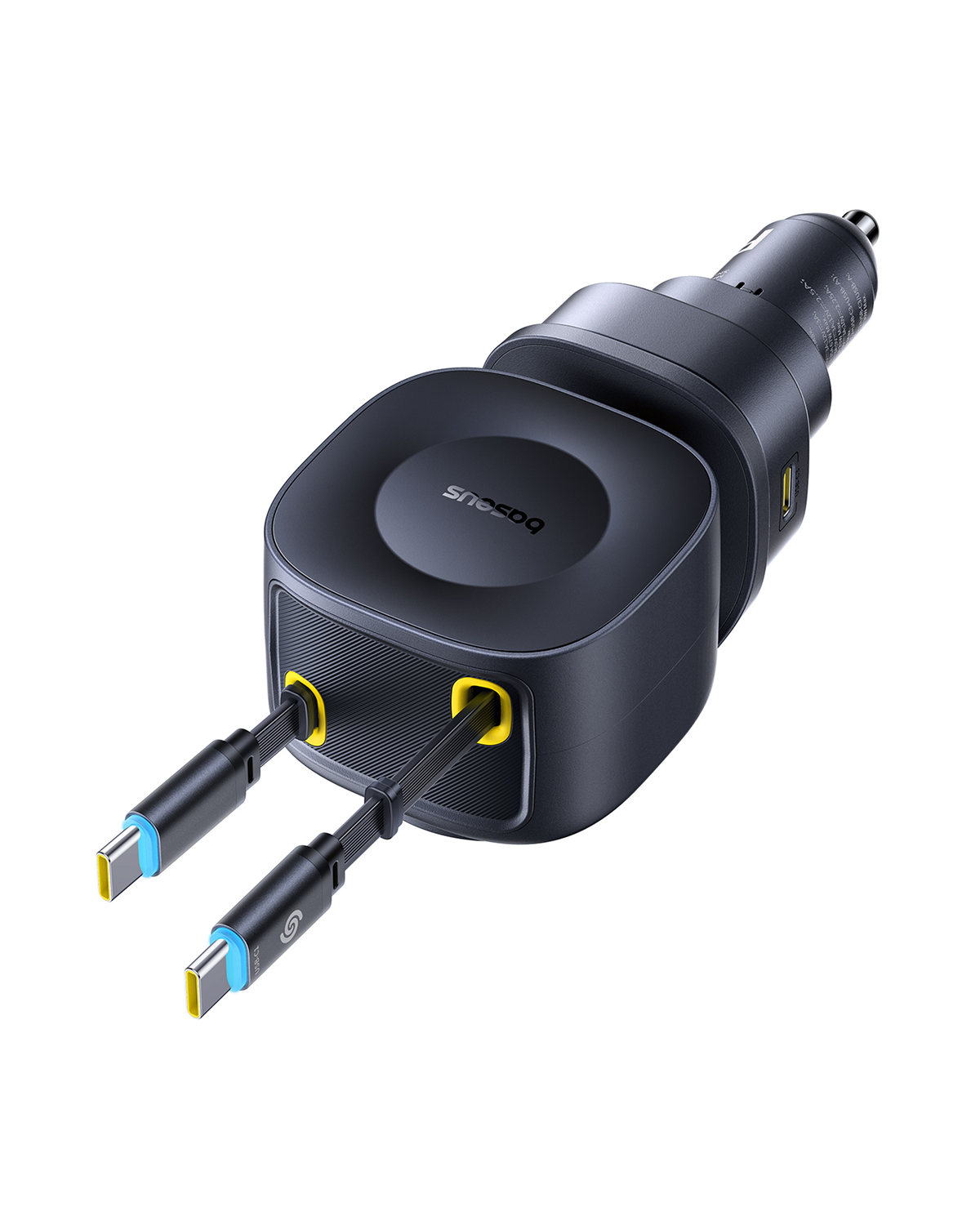 Cargador de coche negro con dos cables USB-C enchufados.