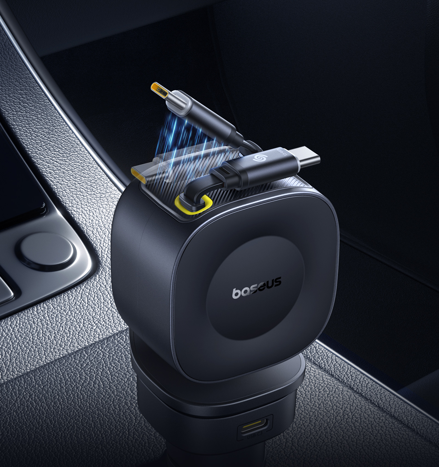 Soporte de cargador Baseus negro con dos cables en un coche.