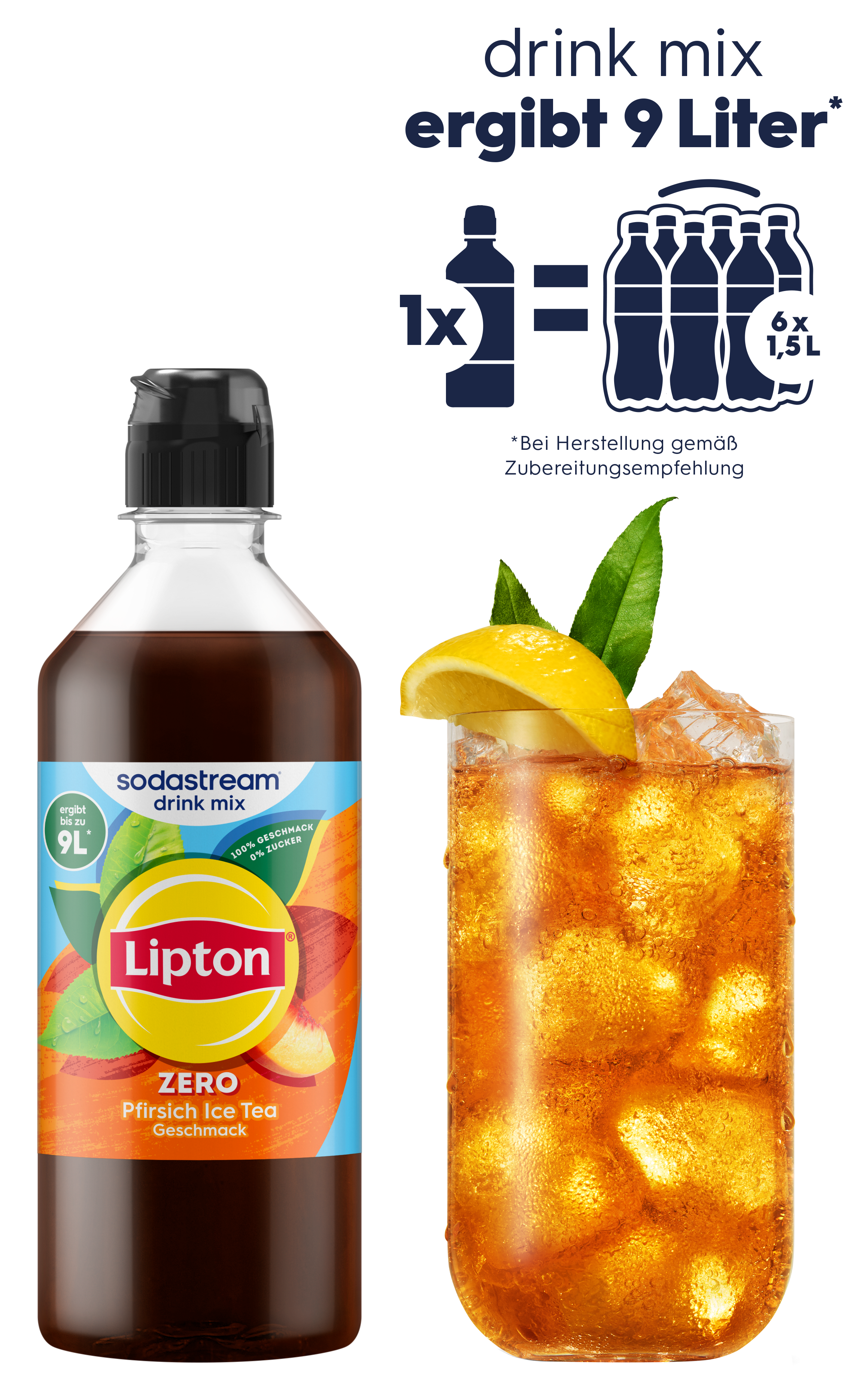 Lipton Pfirsich Eistee Drink Mix ergibt 9L. Daneben ein Glas Eistee mit Zitrone und Eis.