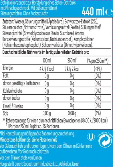 Flasche mit Pfirsich-Eistee-Konzentrat, Nährwertangaben und Zutaten.