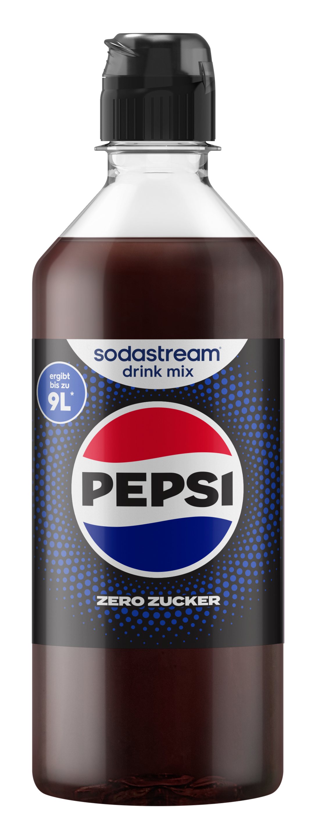 Eine Sodastream Pepsi Zero Zucker Getränkemischung Flasche mit schwarzem Deckel.