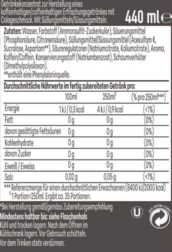Getränkekonzentrat Nährwertangaben: 440 ml, Zutaten, Nährwerte pro 100ml/250ml.