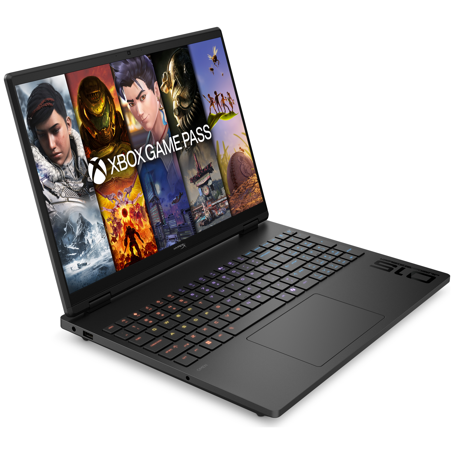 A black gaming laptop displays the Xbox Game Pass logo and various game art on its screen.