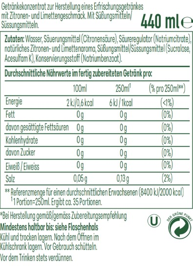 Nährwerttabelle für ein 440ml Getränkekonzentrat mit Zitronen-Limetten Geschmack.