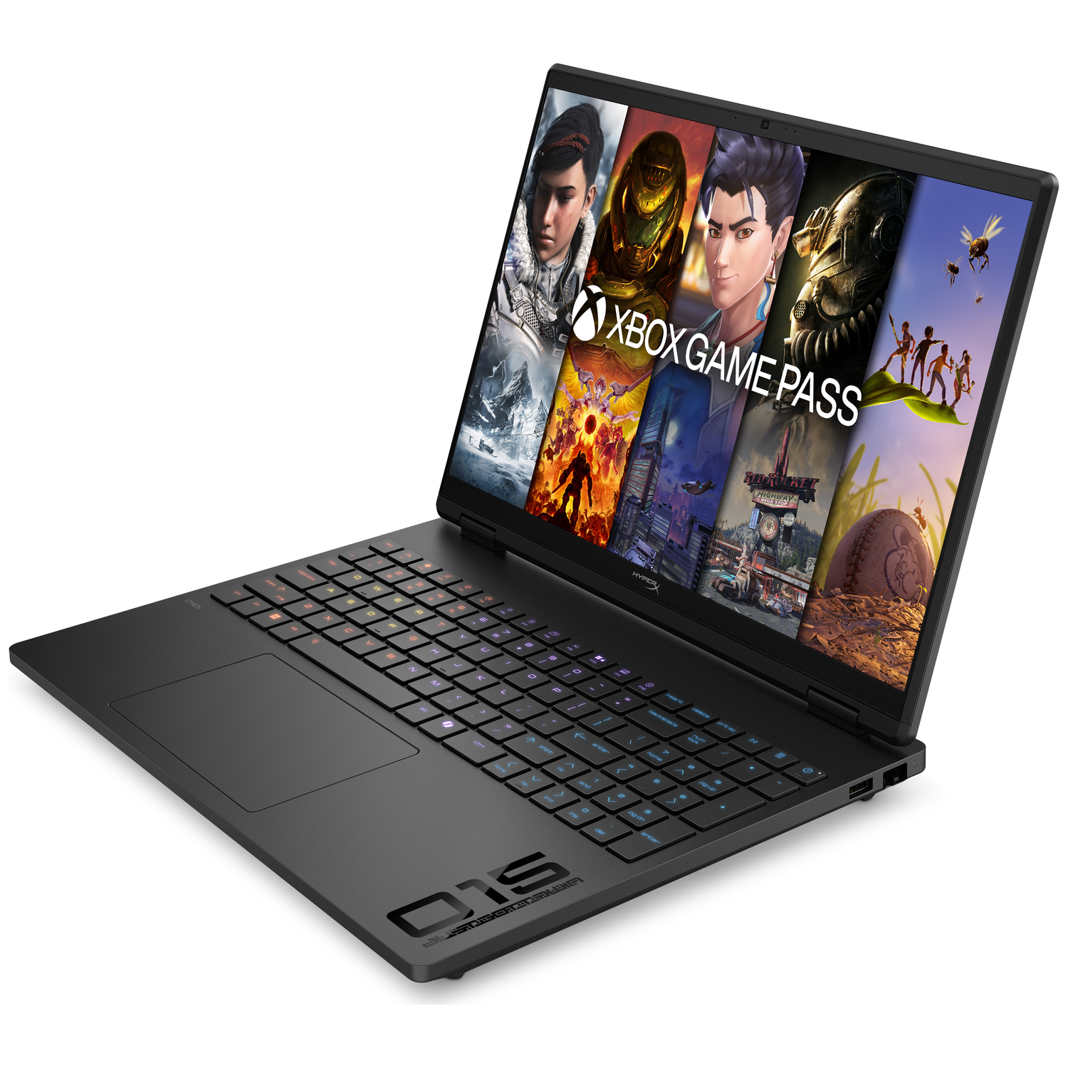 Black laptop displaying Xbox Game Pass with various game art.