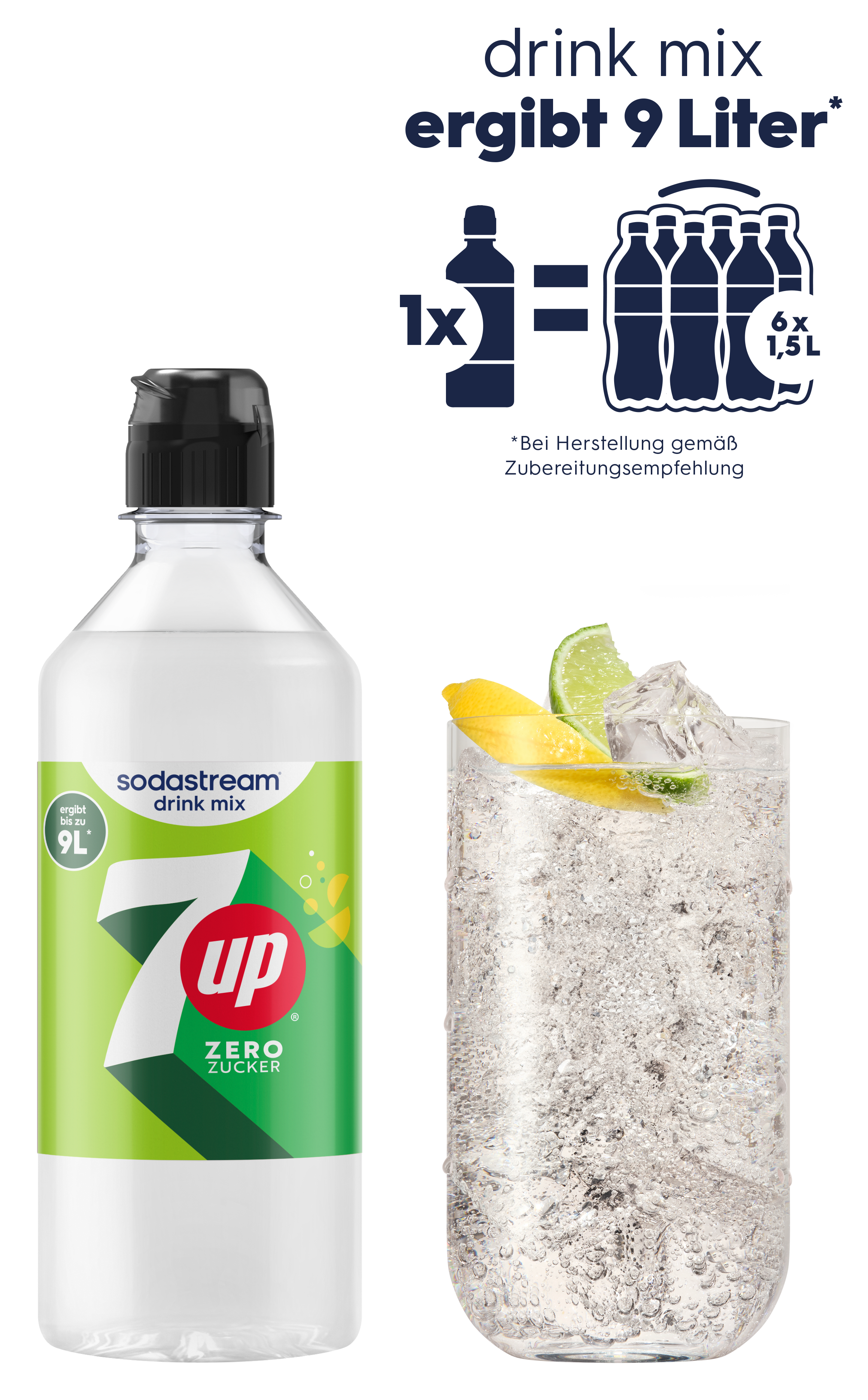 Sodastream 7UP Zero Zucker Sirup neben einem Glas mit Eistee, Zitrone und Limette.