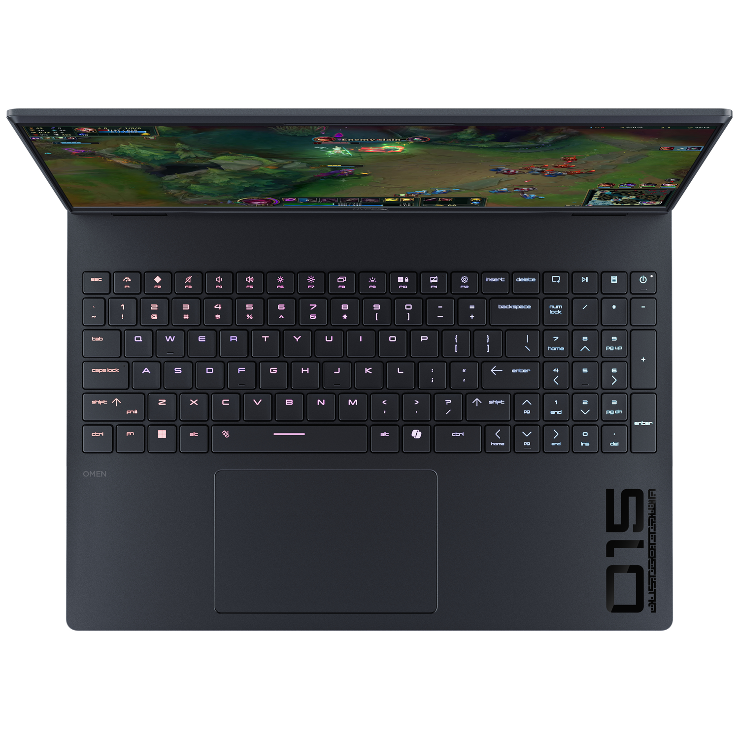 A dark laptop with a lit keyboard displays a game on its screen.