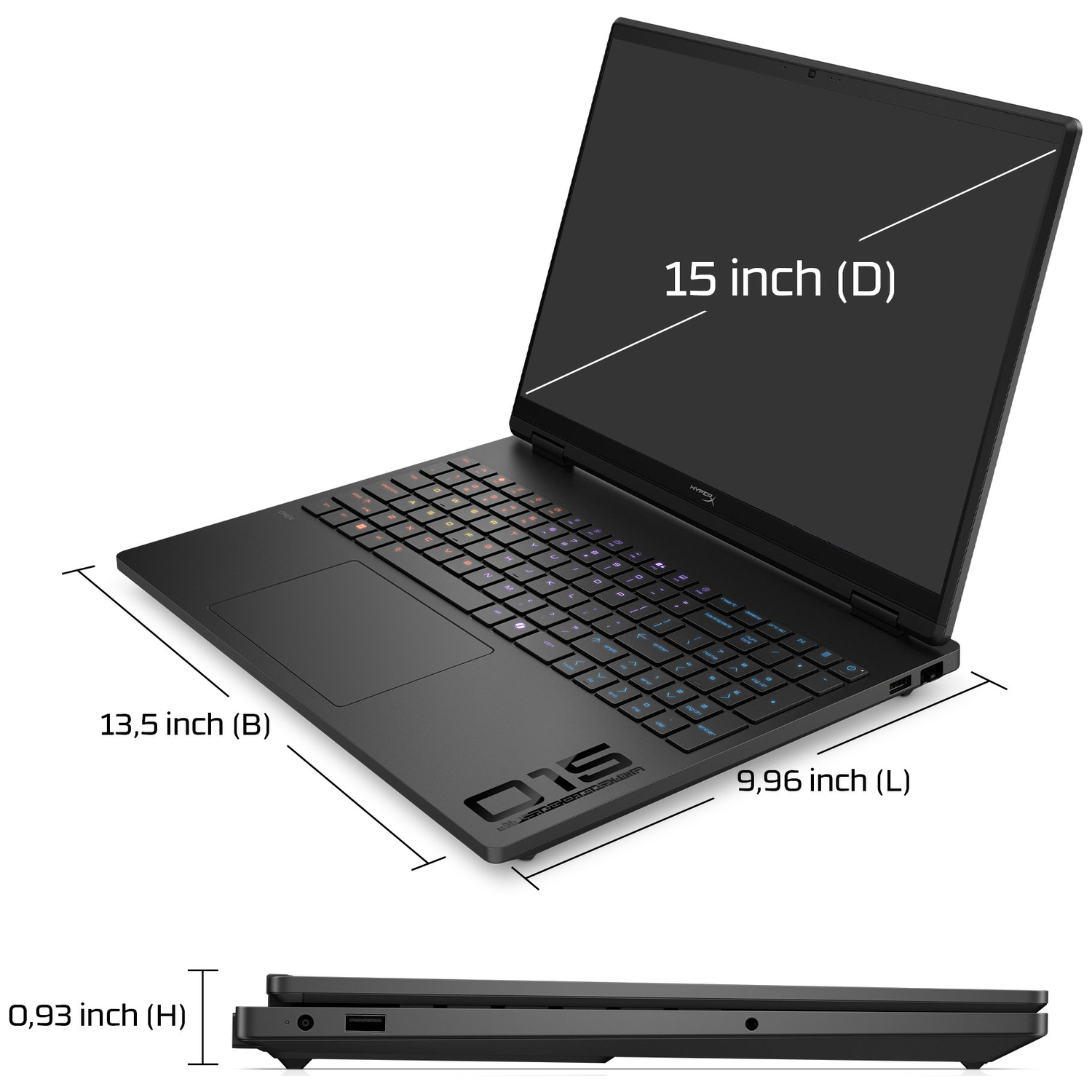 Black laptop with 15-inch screen, 13.5-inch width, 9.96-inch length, 0.93-inch height.